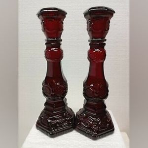 2 Vintage AVON CAPE COD RUBY RED CANDLESTICKS CANDLE HOLDER 5 OZ. 1876
